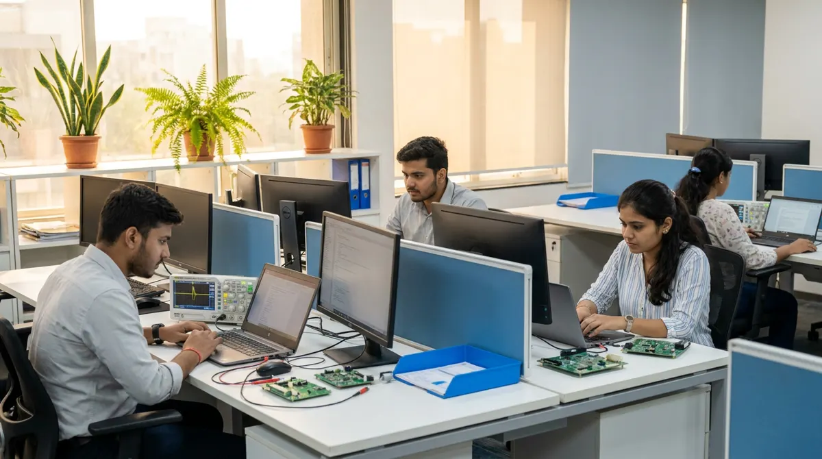 Illustration: a small engineering office with engineers working on ECU boards and laptops