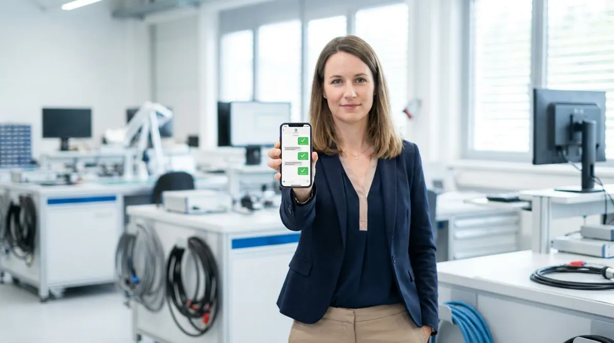 Illustration: a test manager reading an agent message on a phone in a test lab