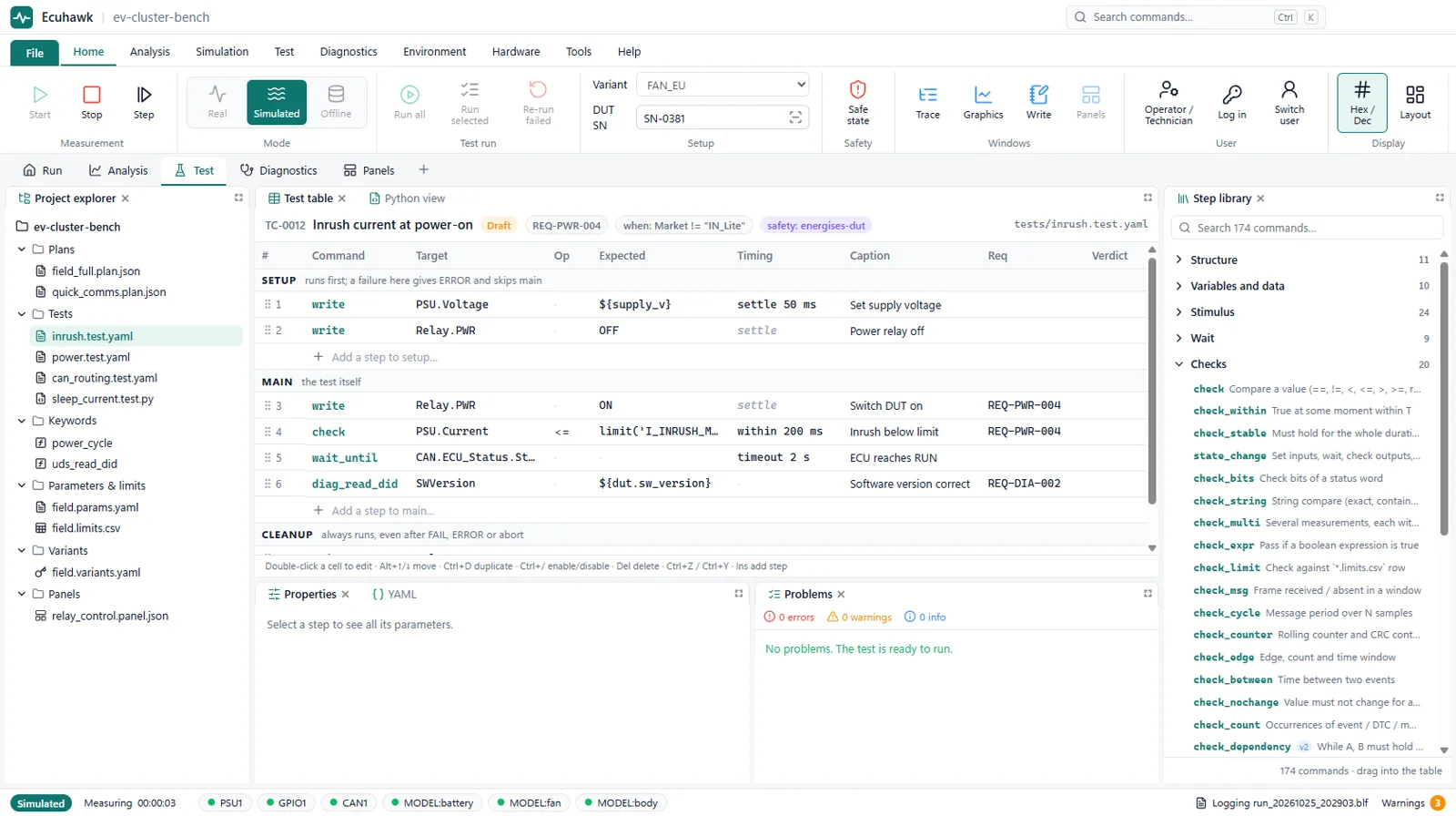 Screenshot: the test table editor with steps, project explorer and the step library