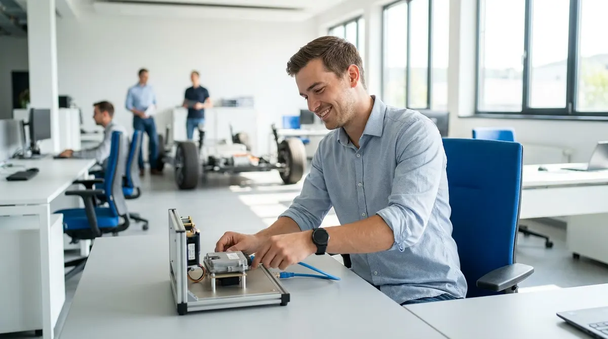 Illustration: an engineer connecting a compact ECU test bench on a desk