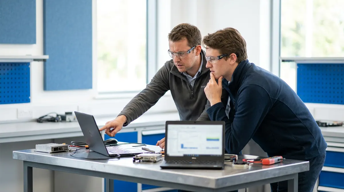 Illustration: two engineers comparing two laptops at a test bench