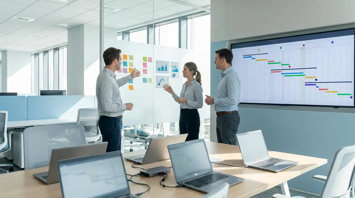 Illustration: engineers reviewing a product development timeline on a wall display