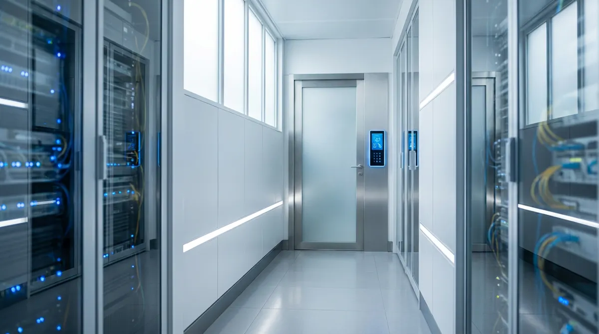 Illustration: a secure server room behind a locked glass door
