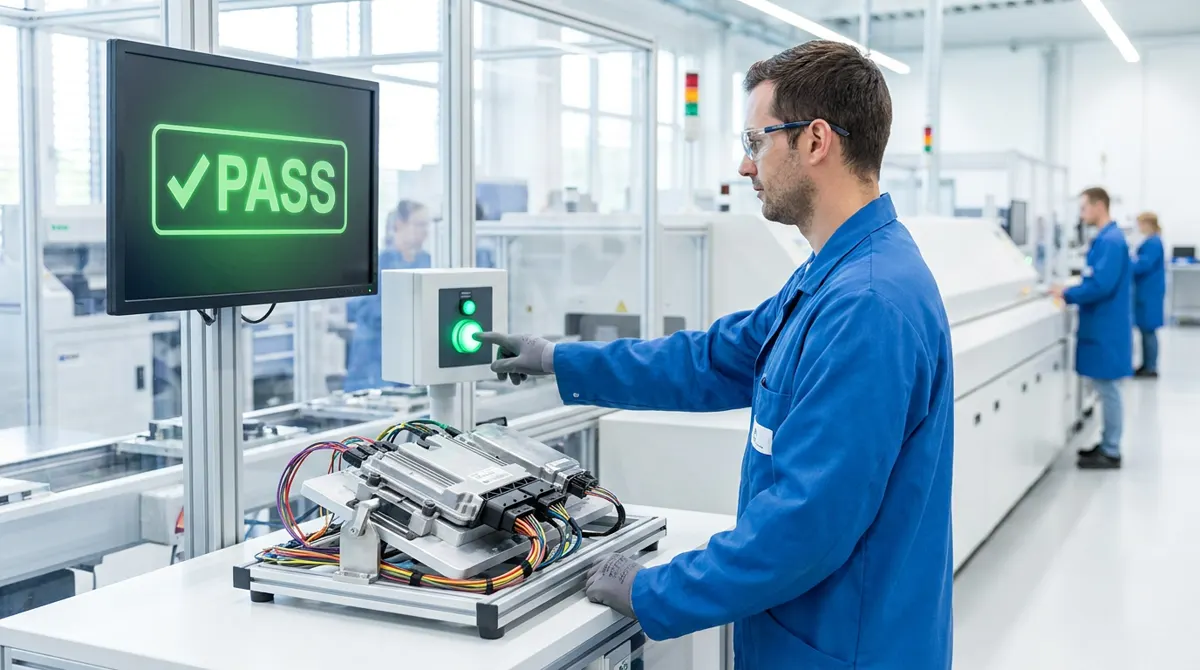 Illustration: an operator pressing Start at a test station showing PASS