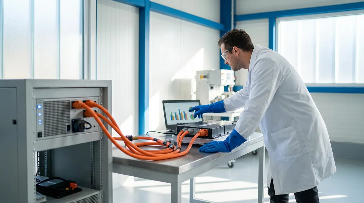 Illustration: an engineer testing an EV battery module