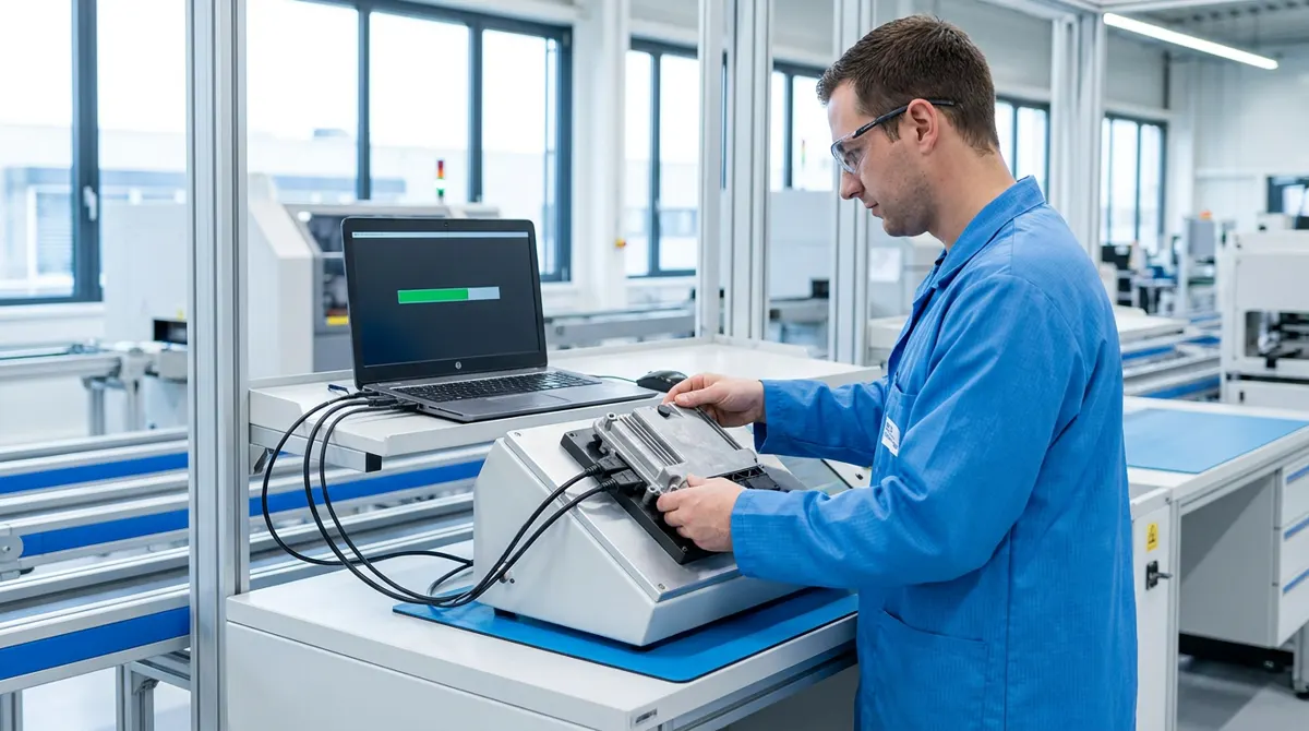 Illustration: a technician programming an ECU in a fixture on a production line
