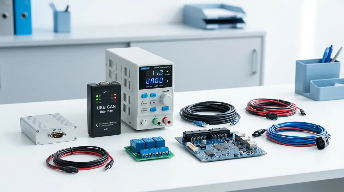Illustration: CAN interfaces, a bench power supply, a relay board and an ECU board on a desk
