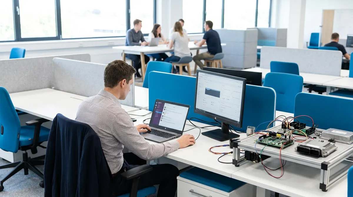 Illustration: an engineer with team chat and test results on screens next to a test bench