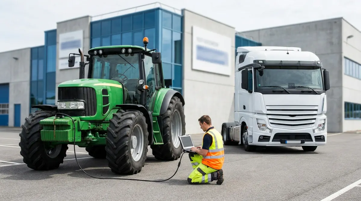 Illustration: an engineer connecting a laptop to a tractor next to a truck outside a test centre