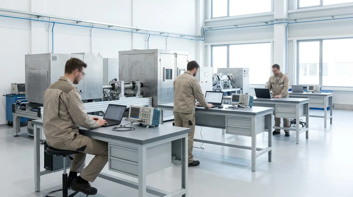 Illustration: engineers working at several test stations in a large lab