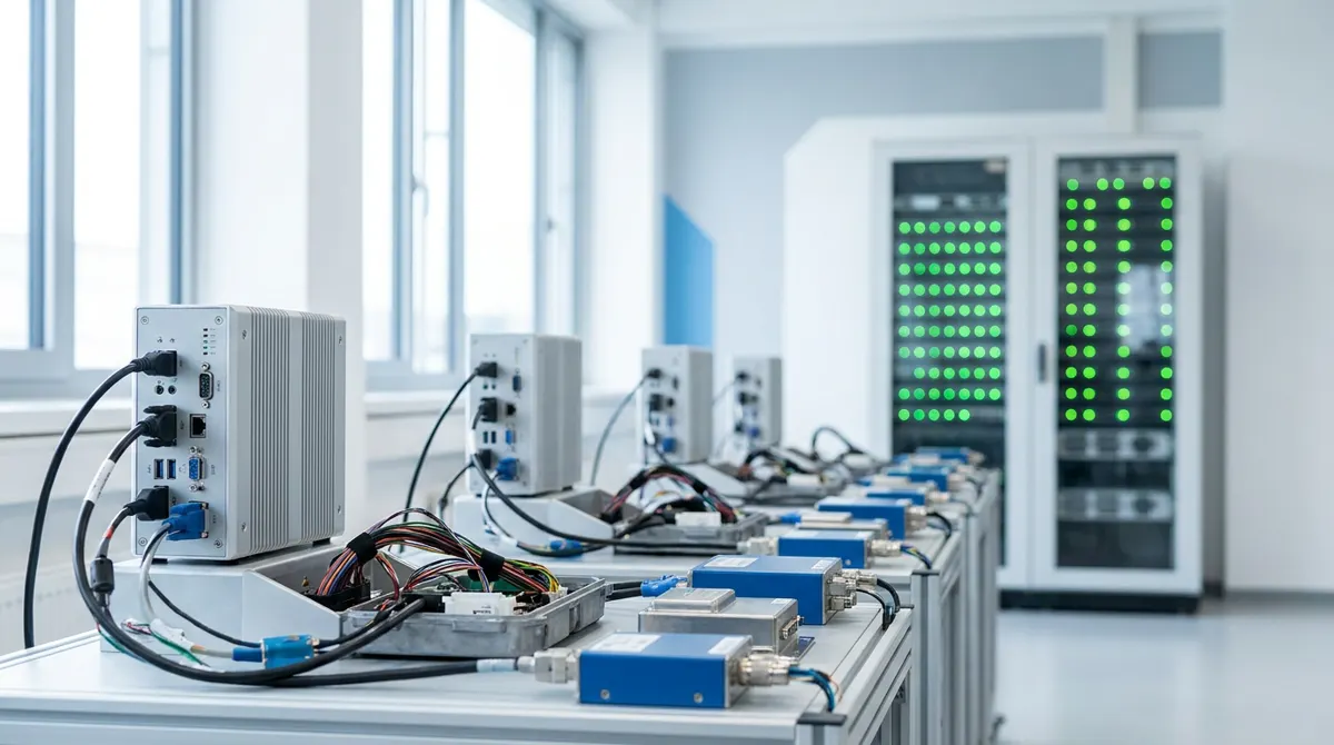 Illustration: rows of automated ECU test benches with Linux PCs in a validation lab
