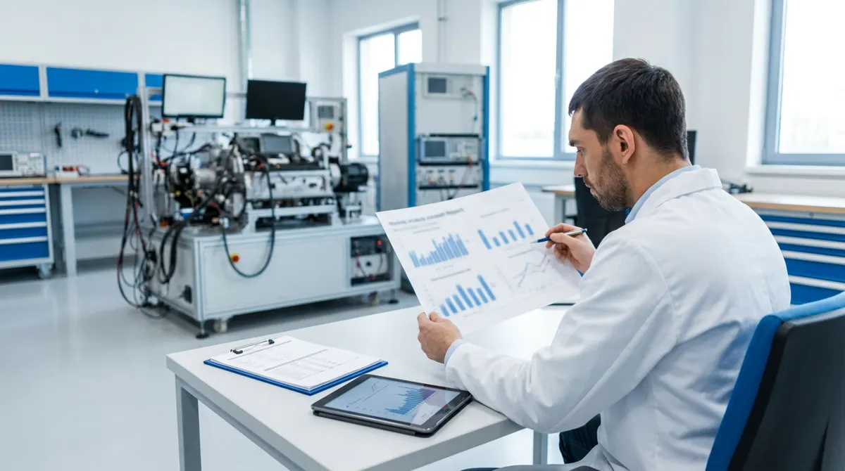 Illustration: a quality engineer reviewing a printed test report next to a test bench