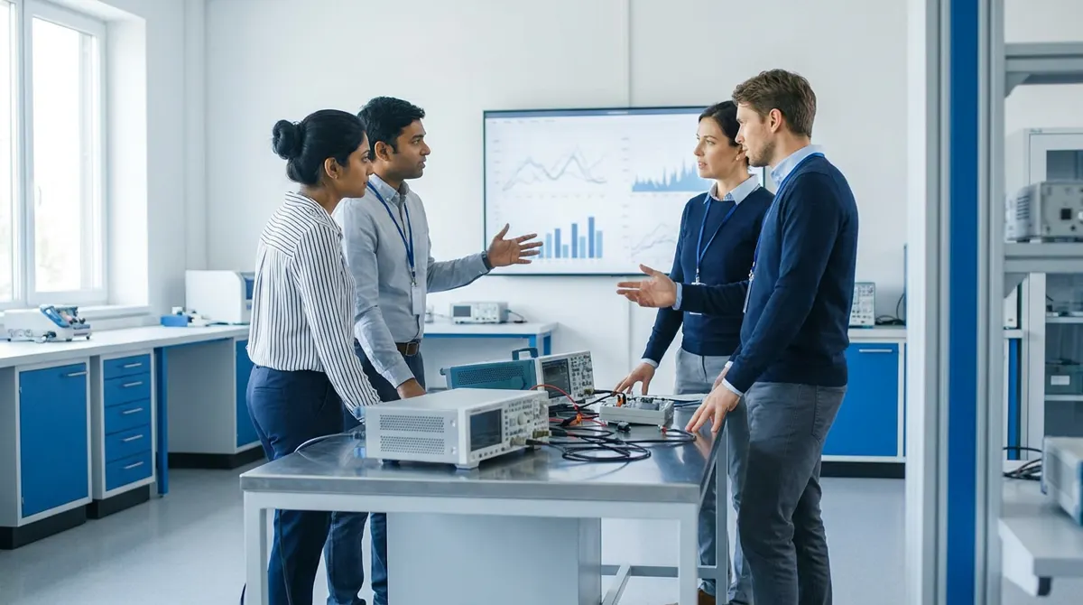Illustration: an automotive engineering team discussing test results at a bench