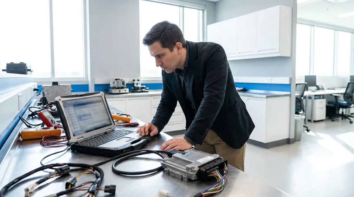 Illustration: an engineer reading diagnostic data from an ECU on a laptop